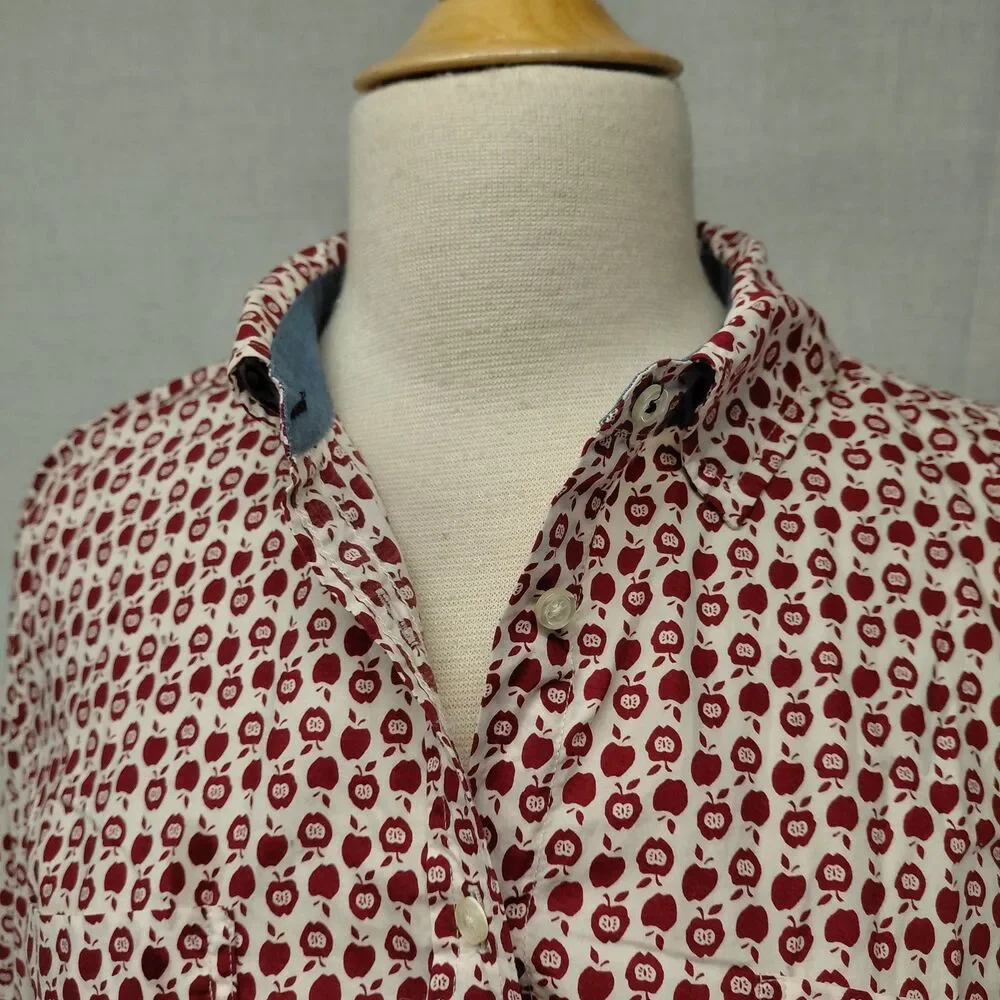 Talbots Apple Print Rolled LS Sleeve Button Down Blouse Red Size 16 - Picture 3 of 10